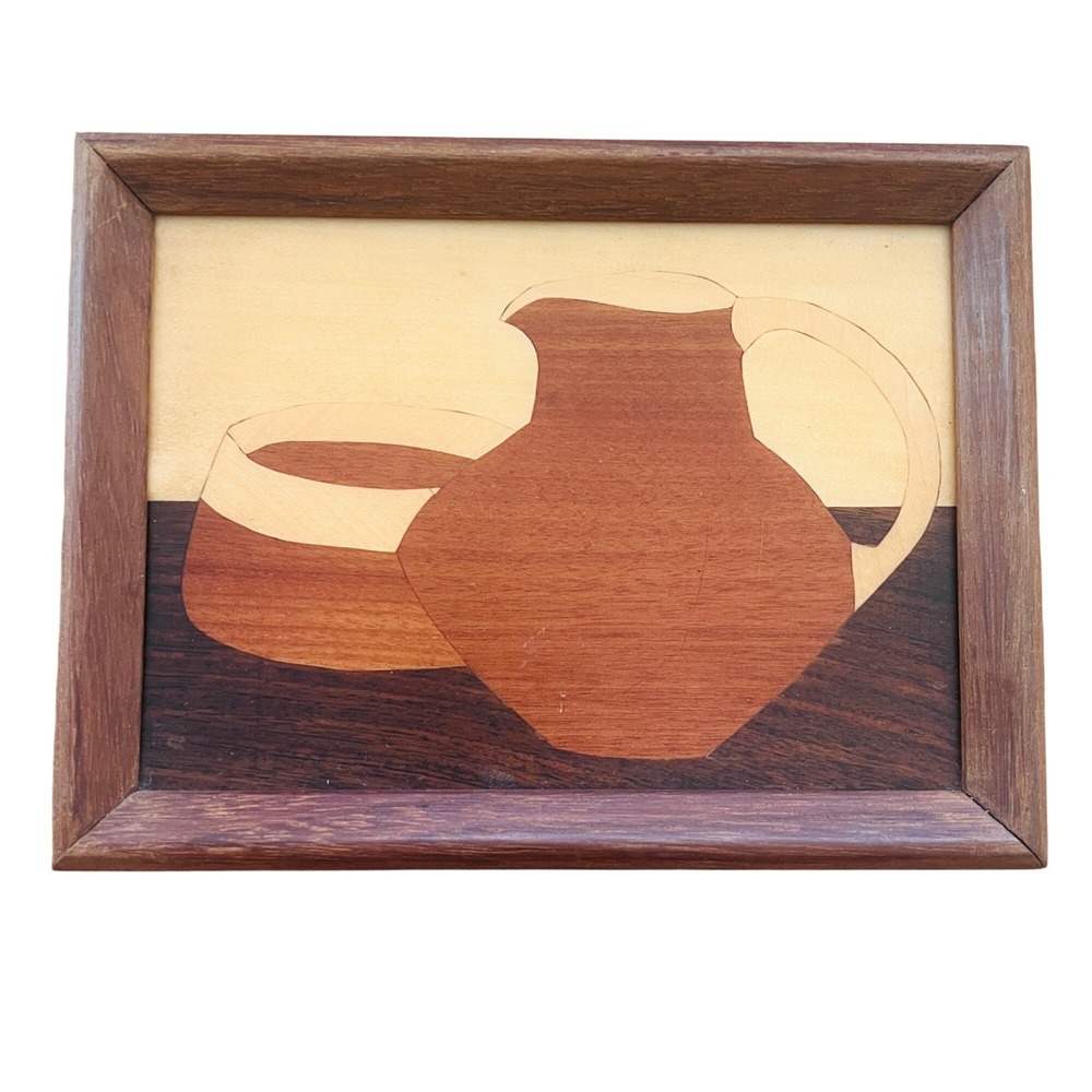 Vtg Marquetry Wood Inlay Wall Art Still Life Pitcher Bowl Framed MCM Danish Teak